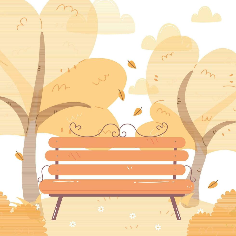 Herbst Illustration von ein Park Bank mit Bäume auf das Hintergrund. Vektor Illustration im Karikatur eben Stil.