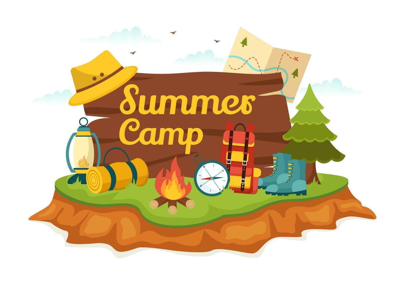 sommar läger vektor illustration av camping och reser på Semester med Utrustning sådan som tält, ryggsäck och andra i platt tecknad serie mallar