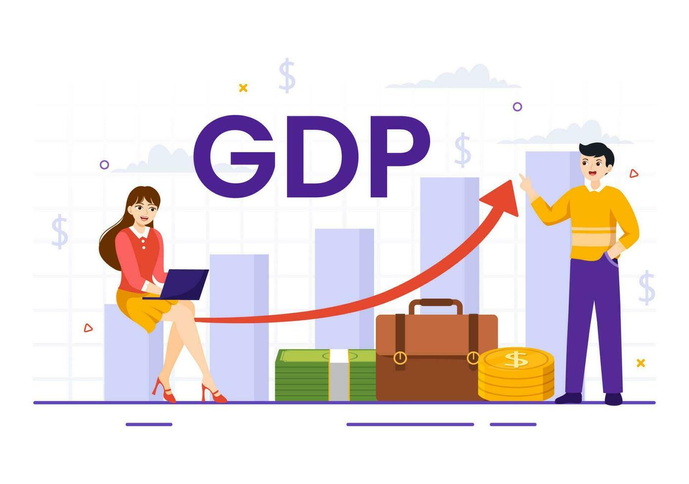 gdp oder brutto inländisch Produkt Vektor Illustration mit wirtschaftlich Wachstum Säule und Markt Produktivität Diagramm im eben Karikatur Hand gezeichnet Vorlagen