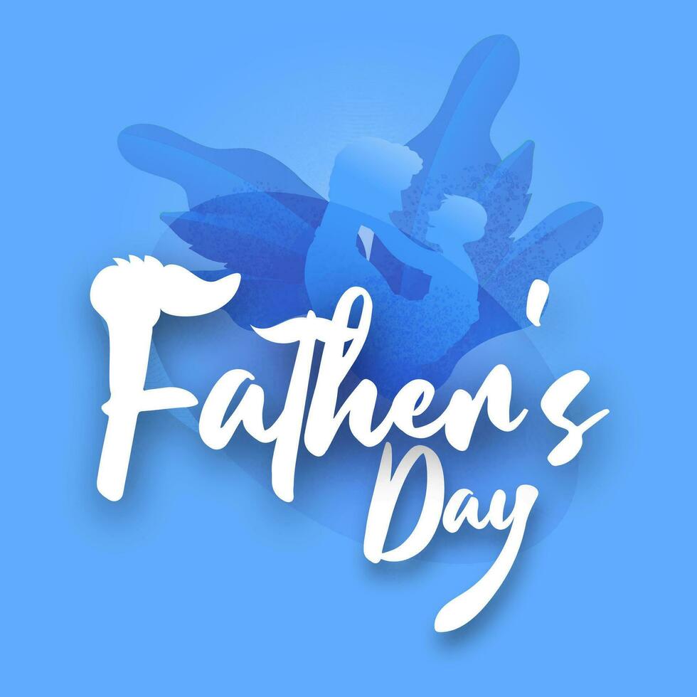 fars dag hälsning kort eller affisch design med silhuett far kram hans son på blå tropisk löv bakgrund. vektor