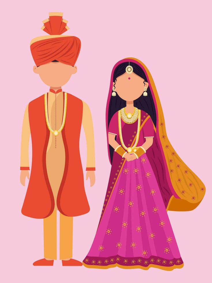 ansiktslös bröllop par karaktär bär traditionell klänning i stående utgör. vektor