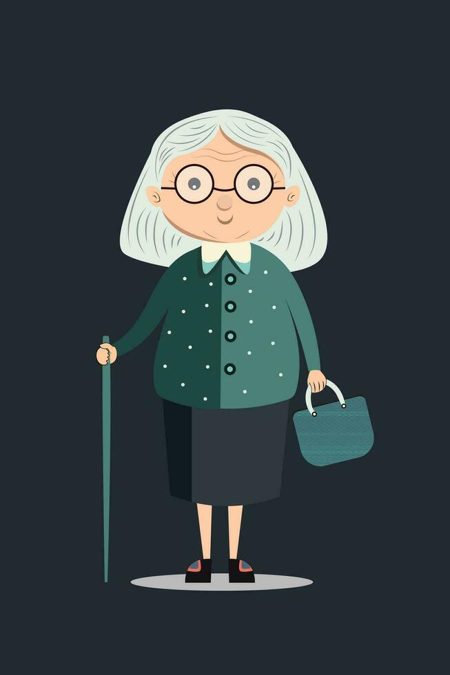 äldre kvinna stående med väska och gående pinne på blå bakgrund. vektor