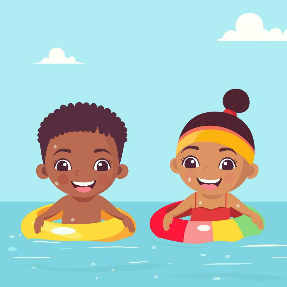 zwei Kind Junge zusammen Schwimmen mit aufblasbar Ring im Wasser zum Schwimmbad Party auf Sommer- Urlaub. vektor