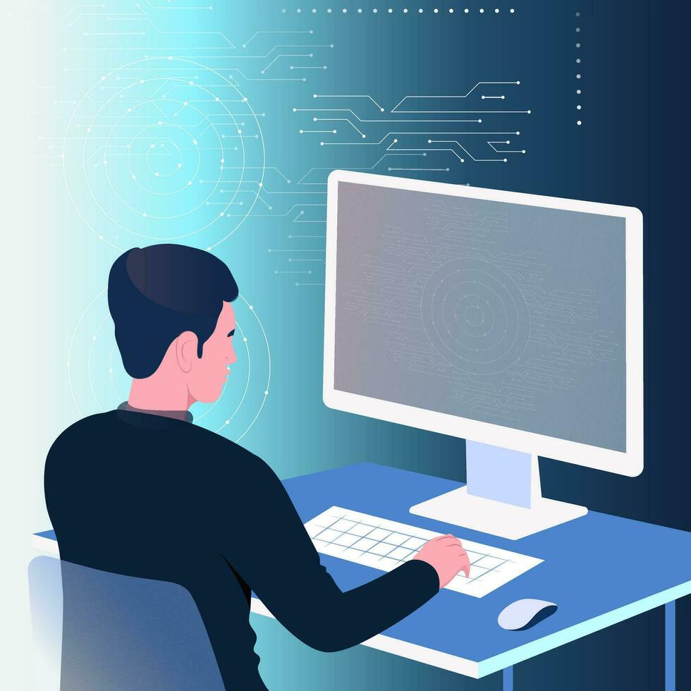 Charakter von männlich Grafik Designer Arbeiten auf Computer beim Arbeitsplatz und Blau Schaltkreis Hintergrund. vektor