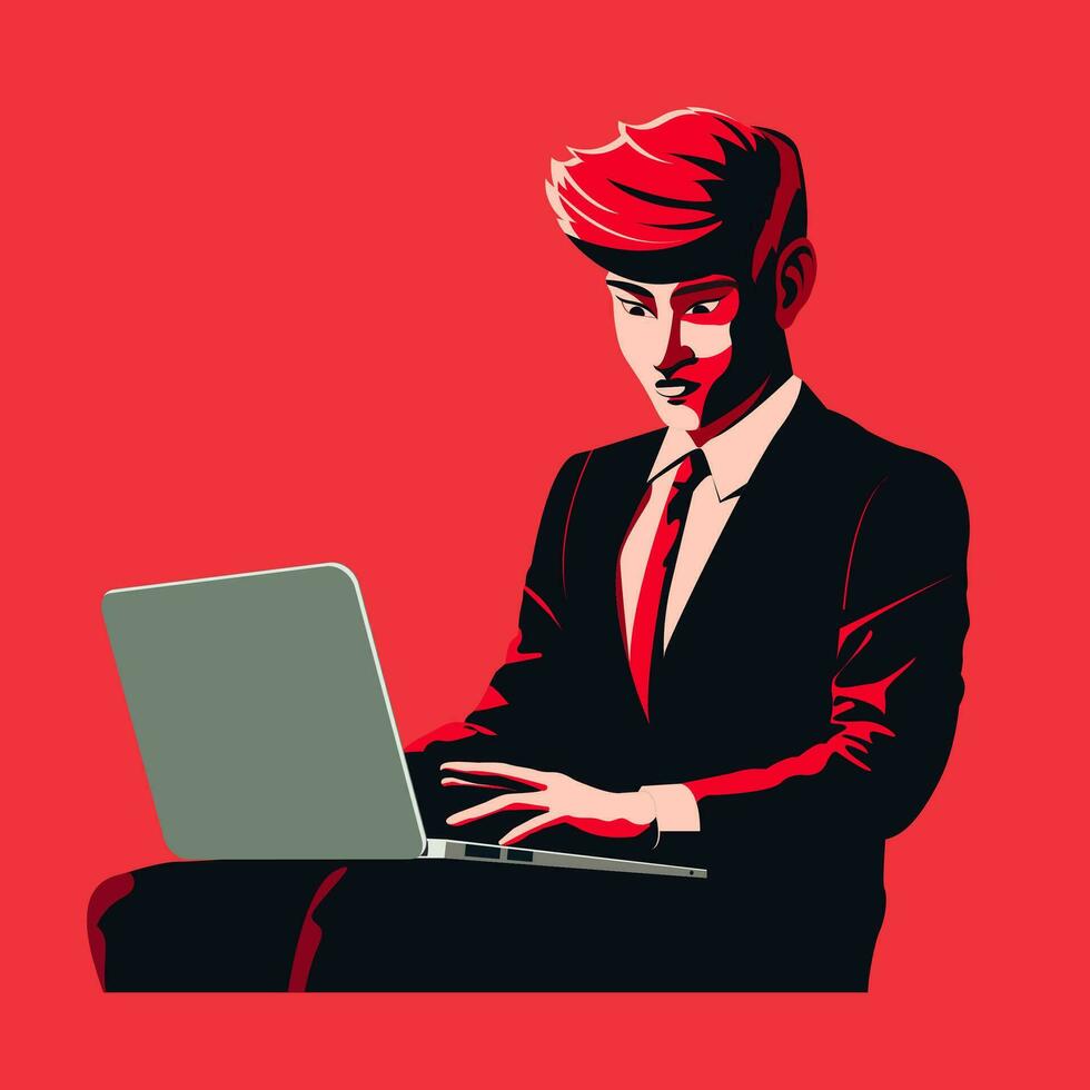 affärsman karaktär använder sig av bärbar dator på röd bakgrund. vektor