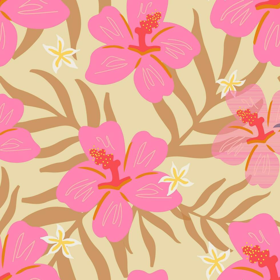 trendig gyllene tropisk sömlös mönster. rosa hibiskus knoppar på en beige bakgrund. rosa och gul tropisk blommor och handflatan löv på fast guld vektor