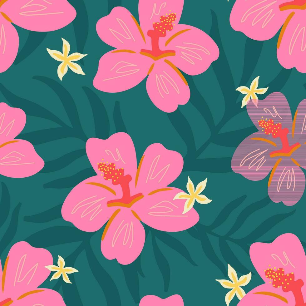 modisch golden tropisch nahtlos Muster. Rosa Hibiskus Knospen auf ein Smaragd Hintergrund. Mehrfarben tropisch Blumen und Palme Blätter auf solide Smaragd. vektor