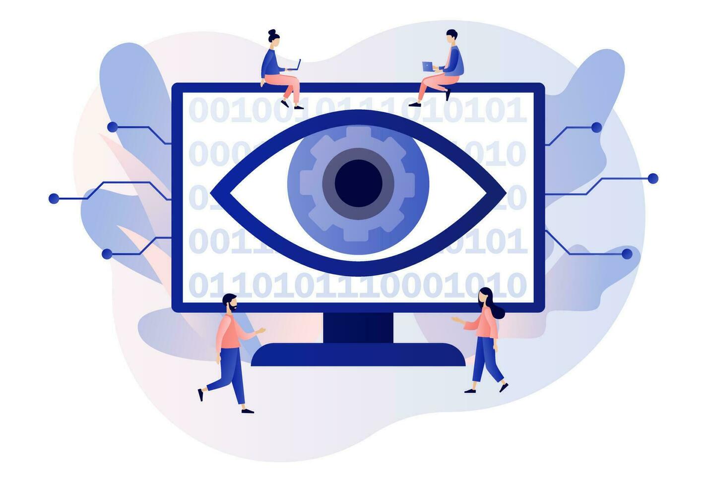 Computer Vision. Neuro Vision auf Monitor. künstlich Intelligenz Konzept. Video Überwachung System, erweitert Wirklichkeit Systeme. modern eben Karikatur Stil. Vektor Illustration auf Weiß Hintergrund