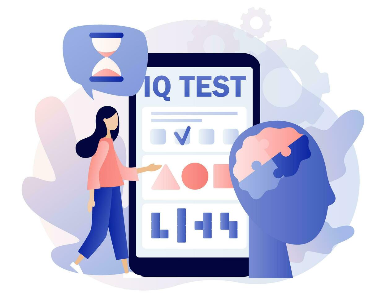 iq prüfen. Intelligenz Quotient. winzig Frau bestimmen kognitiv Fähigkeiten im Smartphone App. modern eben Karikatur Stil. Vektor Illustration auf Weiß Hintergrund