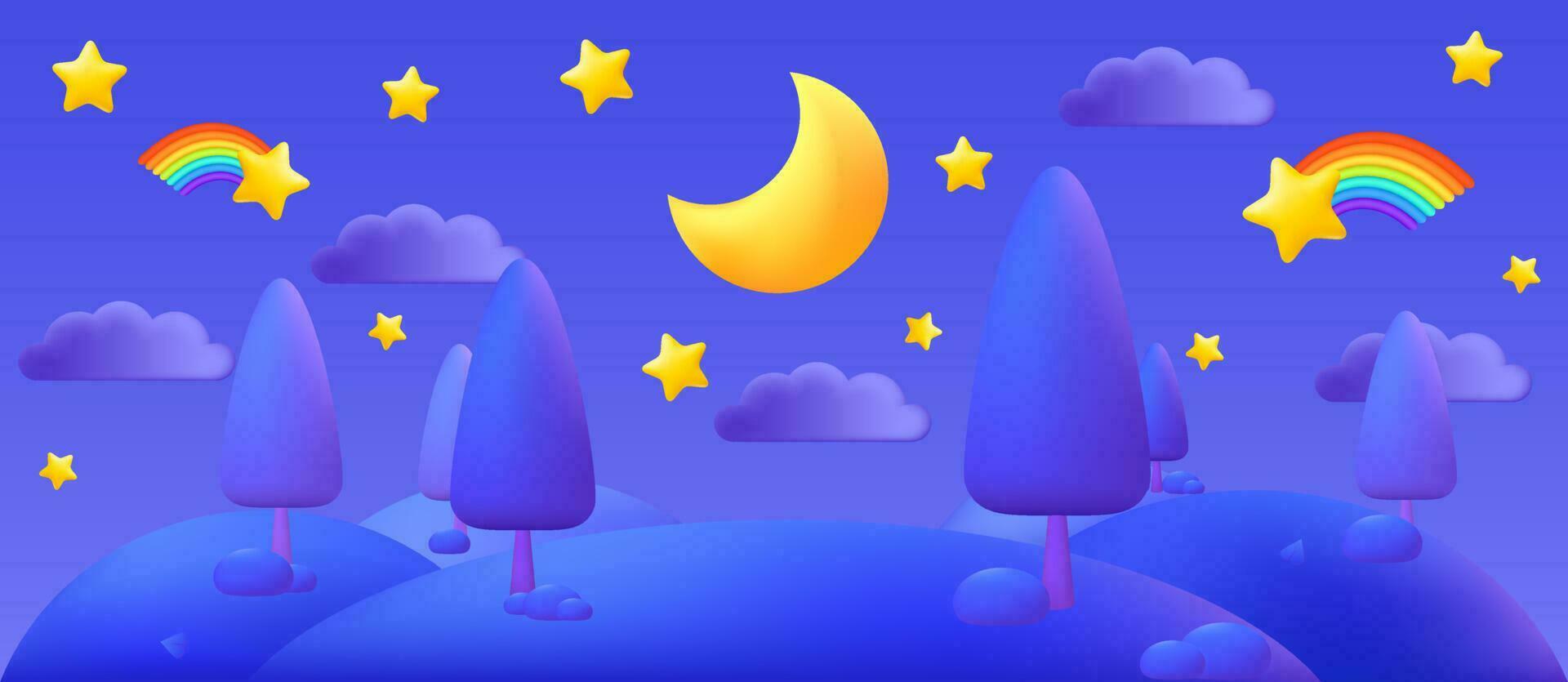 3d Karikatur Vektor Illustration von ein sternenklar Nacht Himmel mit ein hell Mond, Wolken und Schießen Star mit Regenbogen verfolgen. Landschaft Blau Wiese. gut Nacht Karte oder Hintergrund zum Süss Träume Entwürfe.