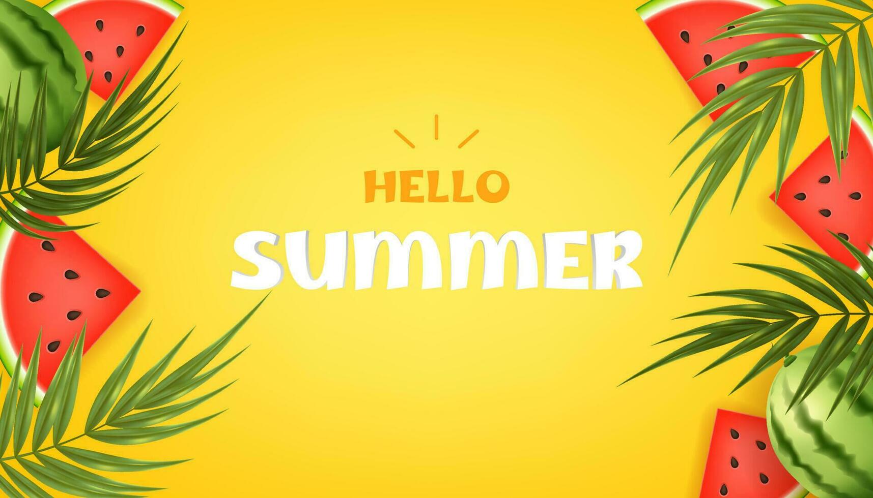 Hallo Sommer- mit tropisch Schwingungen. Vektor Illustration von saftig Wassermelone, exotisch Blätter und Palme Bäume auf ein Gelb Hintergrund, perfekt zum ein Sommer- Verkauf Banner, Sommer- Werbeaktionen, Flyer, Plakate.