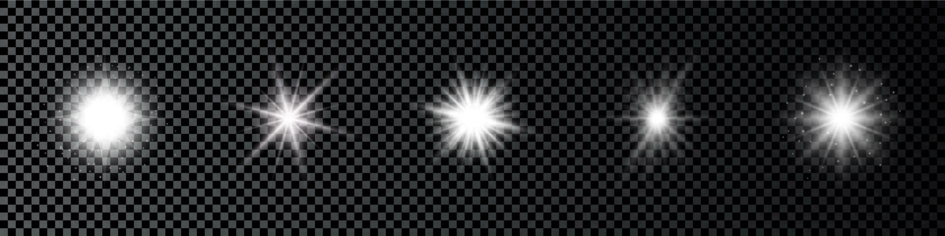 ljus effekt av lins bloss. uppsättning av fem vit lysande lampor starburst effekter med pärlar vektor