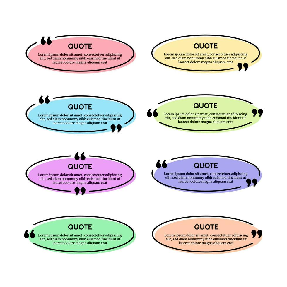 uppsättning av åtta svart oval Citat låda ramar på flerfärgad bakgrunder. vektor illustration