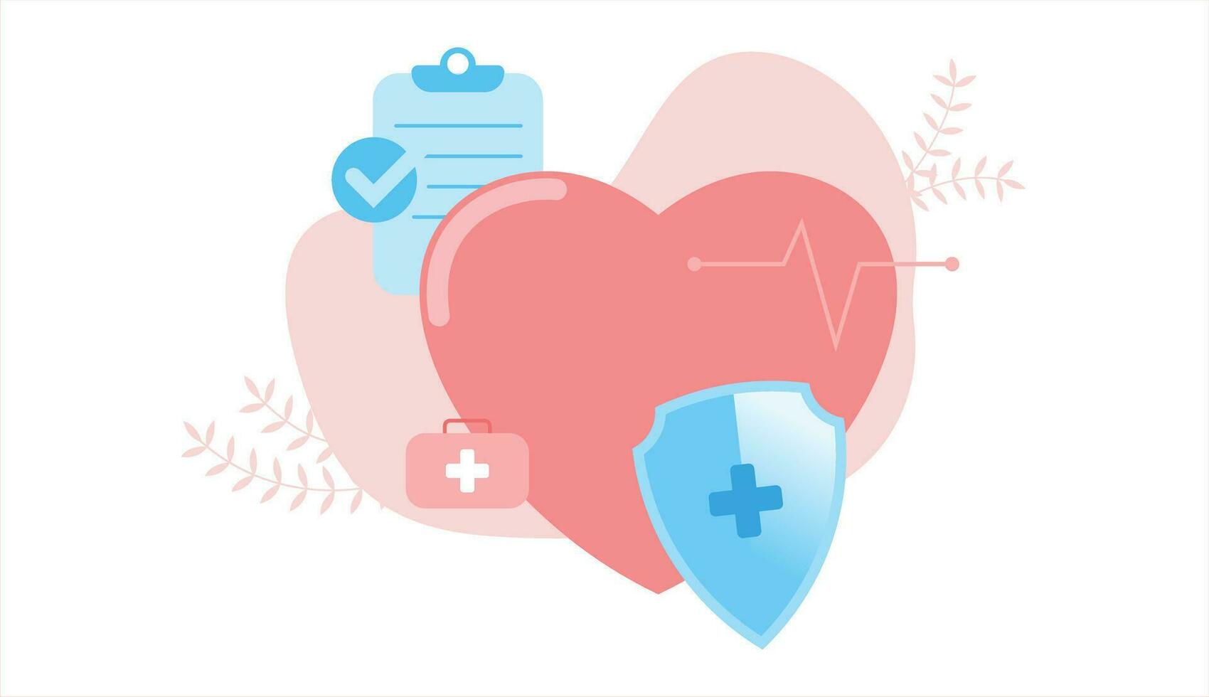 hälsa försäkring platt design med hjärta skydda puls Medkit och avtal vektor