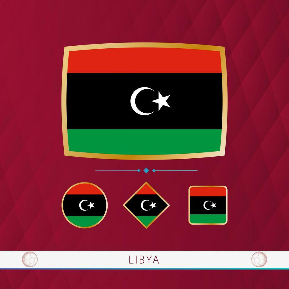 einstellen von Libyen Flaggen mit Gold Rahmen zum verwenden beim Sport Veranstaltungen auf ein Burgund abstrakt Hintergrund. vektor