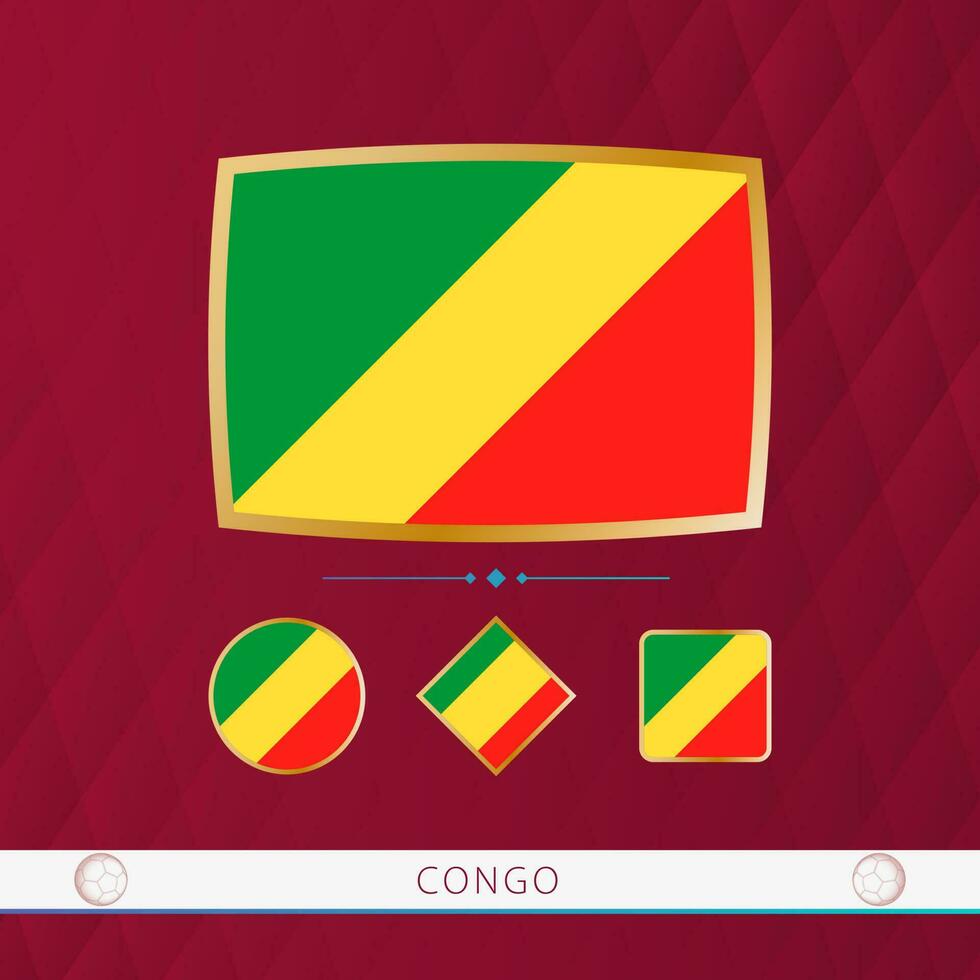 uppsättning av kongo flaggor med guld ram för använda sig av på sportslig evenemang på en vinröd abstrakt bakgrund. vektor