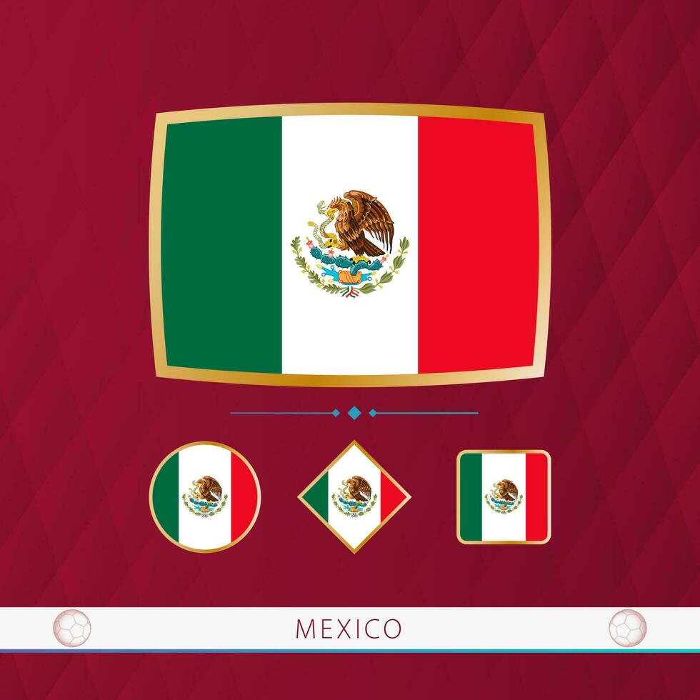uppsättning av mexico flaggor med guld ram för använda sig av på sportslig evenemang på en vinröd abstrakt bakgrund. vektor