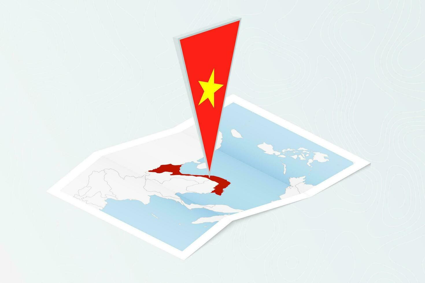 isometrisk papper Karta av vietnam med triangel- flagga av vietnam i isometrisk stil. Karta på topografisk bakgrund. vektor