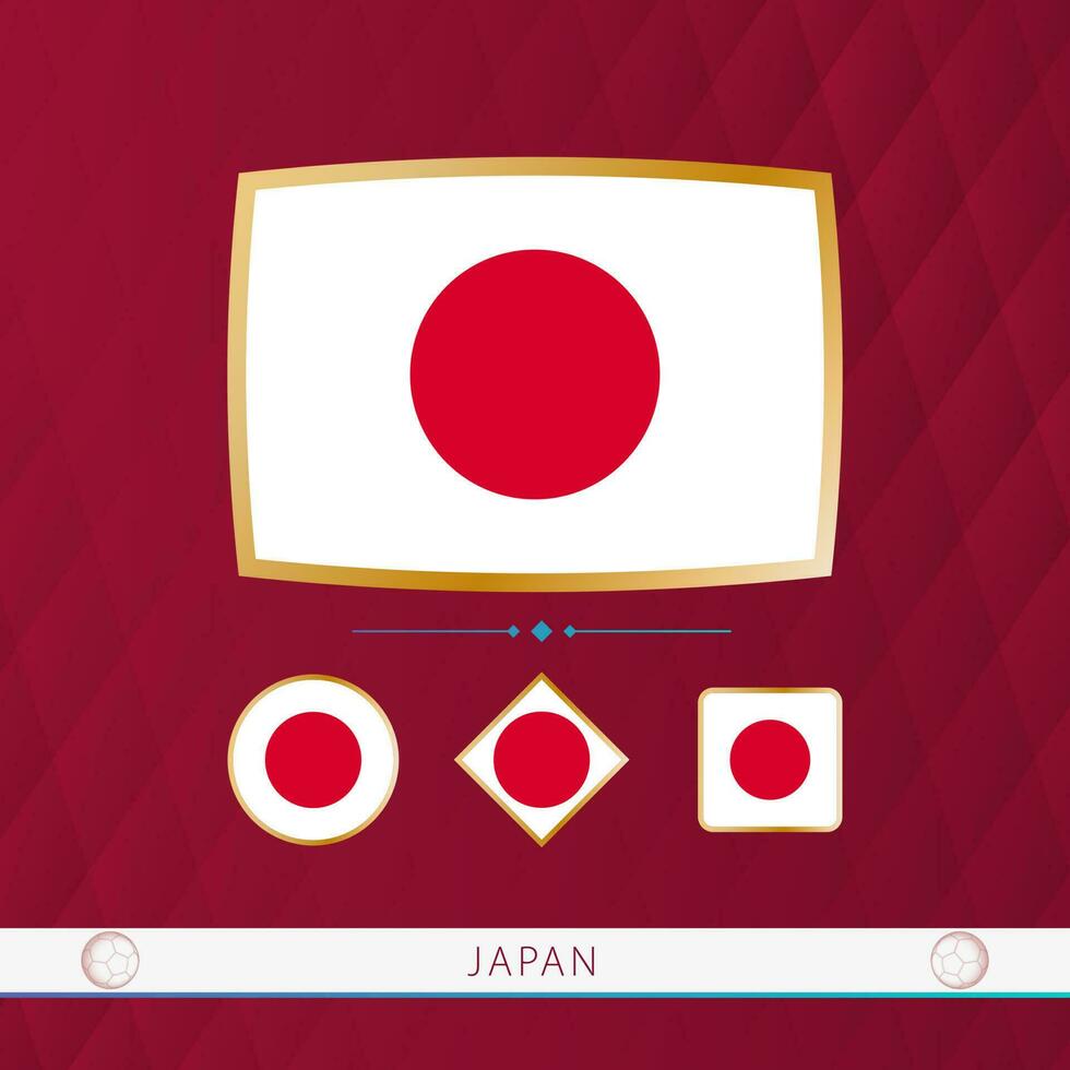 einstellen von Japan Flaggen mit Gold Rahmen zum verwenden beim Sport Veranstaltungen auf ein Burgund abstrakt Hintergrund. vektor