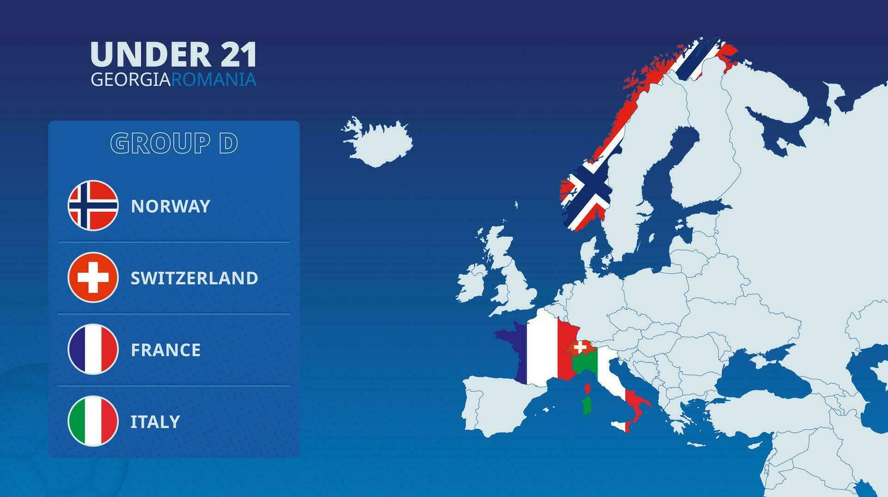 Karte von Europa mit markiert Karten von Länder teilnehmen im Gruppe d von das europäisch unter 21 Fußball Turnier 2023. vektor