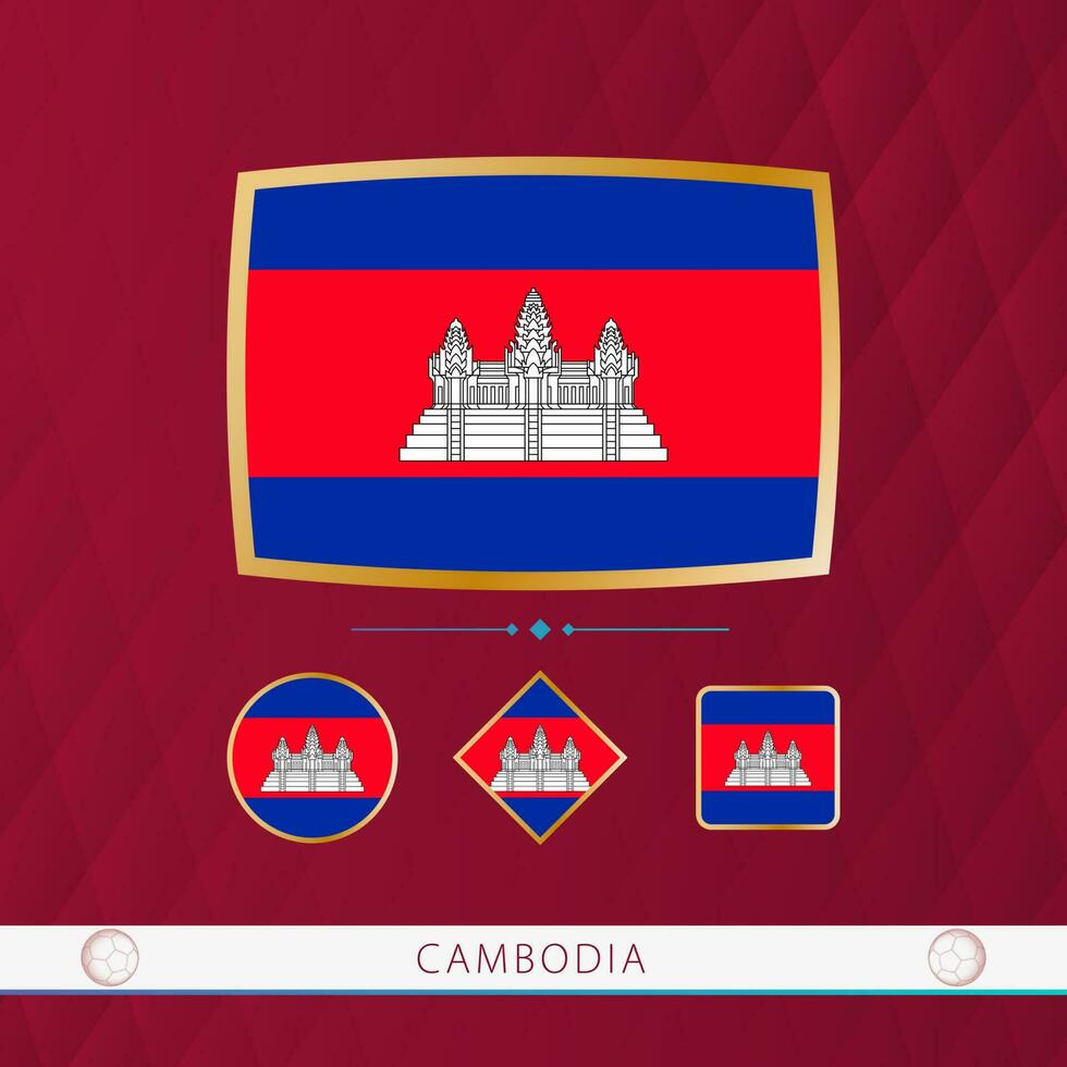 uppsättning av cambodia flaggor med guld ram för använda sig av på sportslig evenemang på en vinröd abstrakt bakgrund. vektor