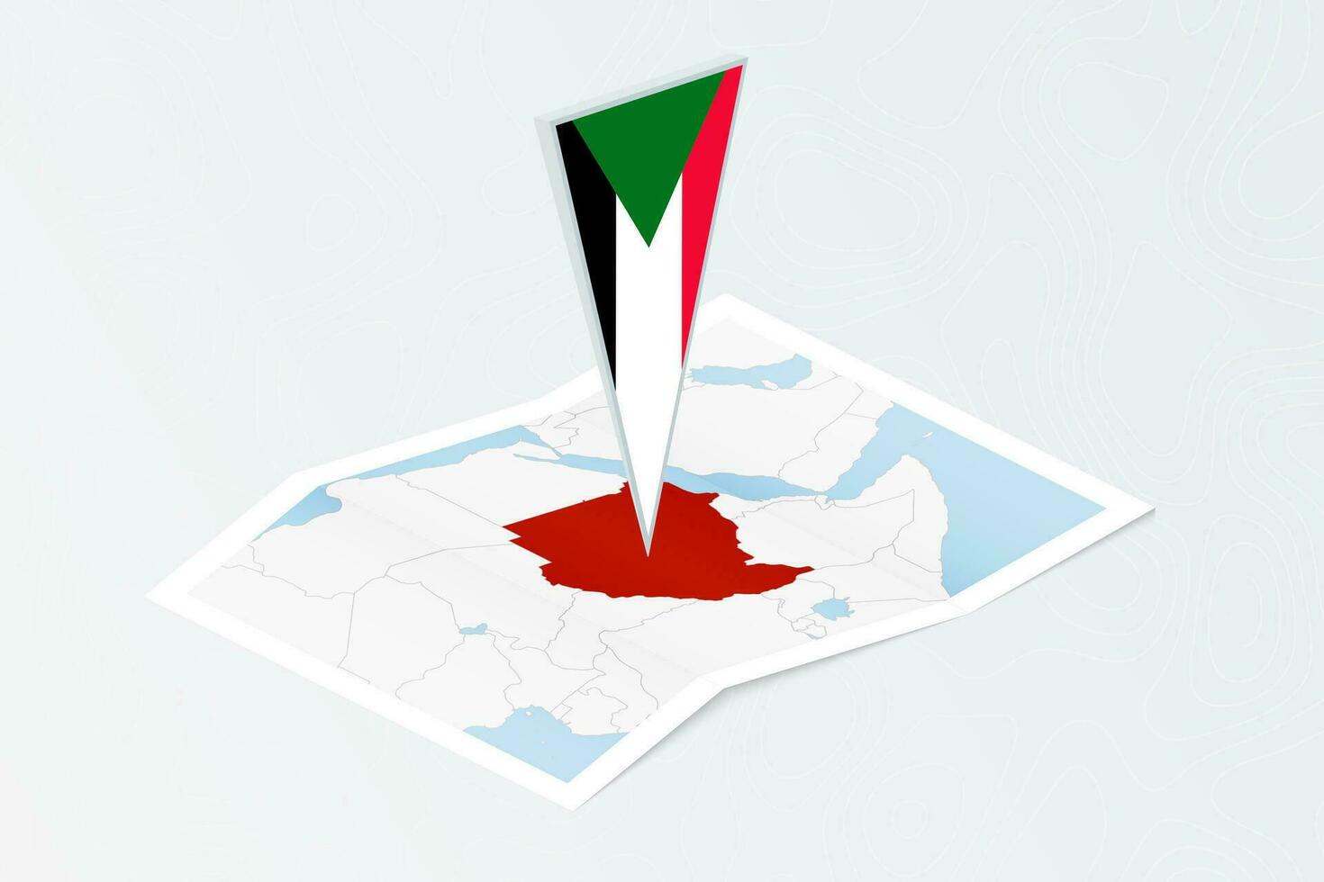 isometrisk papper Karta av sudan med triangel- flagga av sudan i isometrisk stil. Karta på topografisk bakgrund. vektor