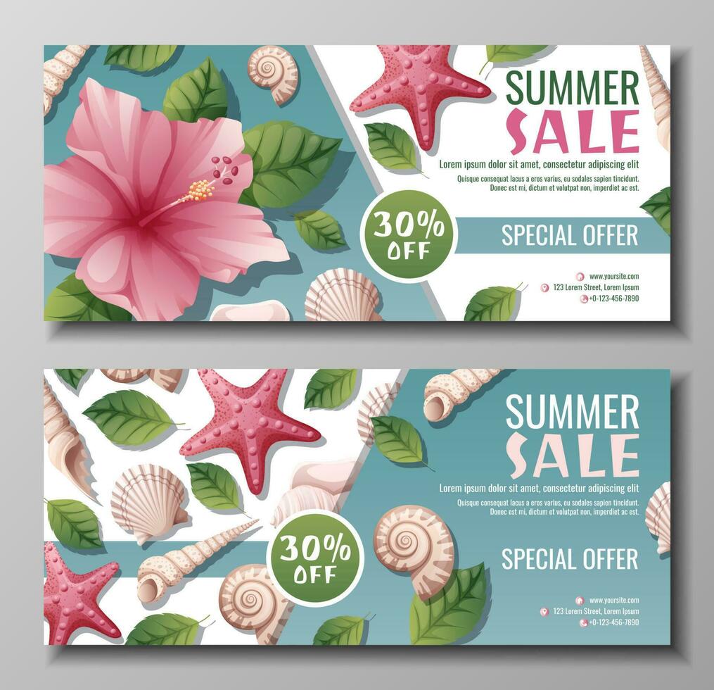 einstellen von Sommer- Banner mit Hibiskus und Muscheln. Rabatt Coupon, Besondere Sommer- Angebot. Hintergrund, Banner mit Muscheln und Rosa Blumen. vektor