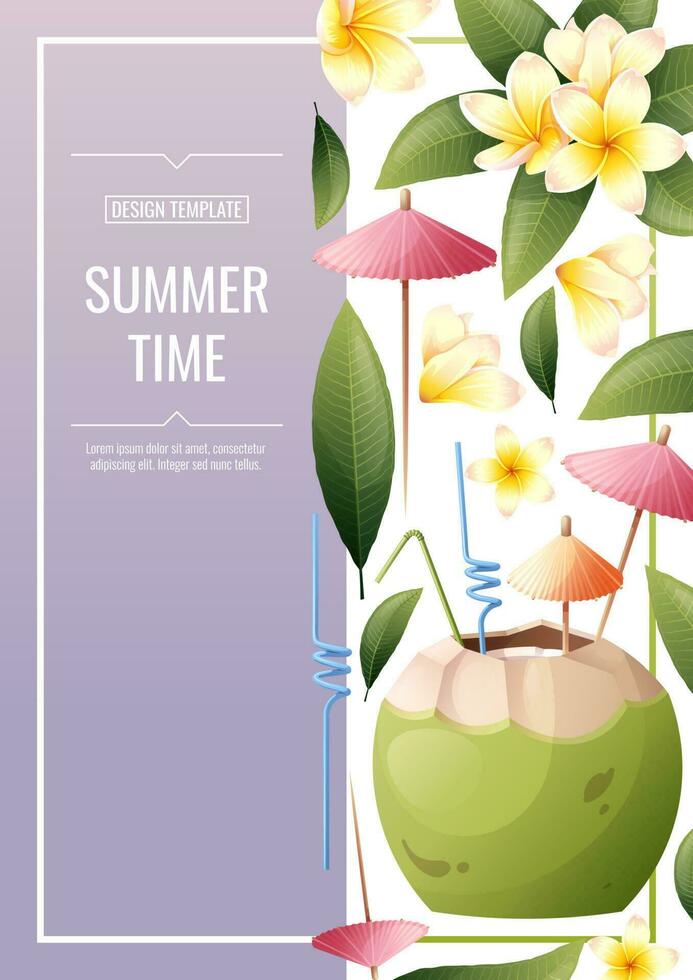 flygblad mall med strand kokos cocktail och frangipani blommor. tropisk semester, sommar semester. baner, affisch med strand drycker a4 storlek vektor