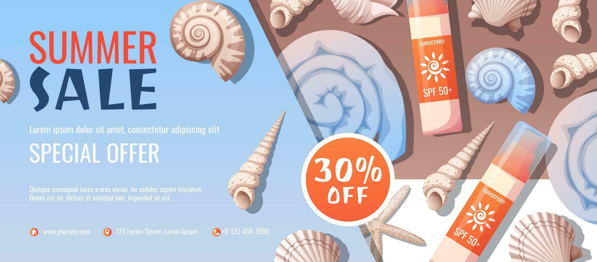 Sommer- Banner mit Strand Zubehör. Rabatt Coupon, Besondere Sommer- Angebot. Hintergrund, Flyer mit Muscheln, Tasche, Sonnenschutz vektor