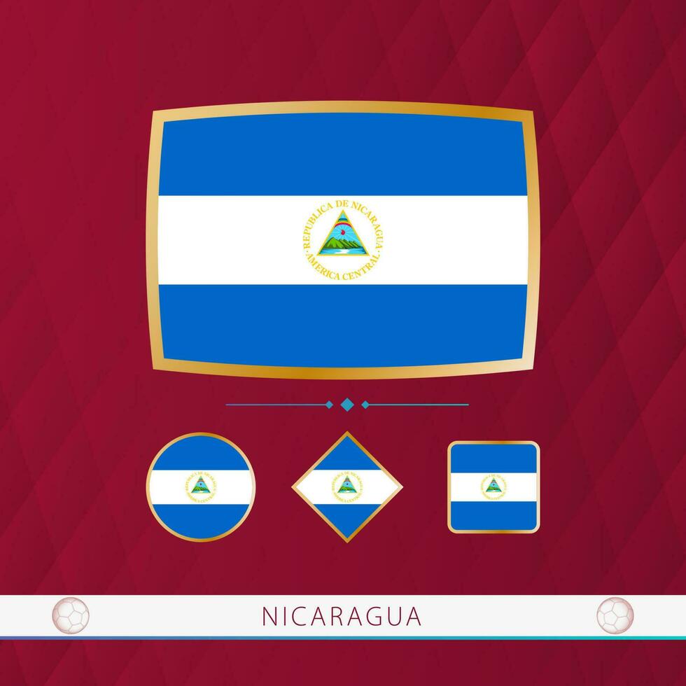 einstellen von Nicaragua Flaggen mit Gold Rahmen zum verwenden beim Sport Veranstaltungen auf ein Burgund abstrakt Hintergrund. vektor
