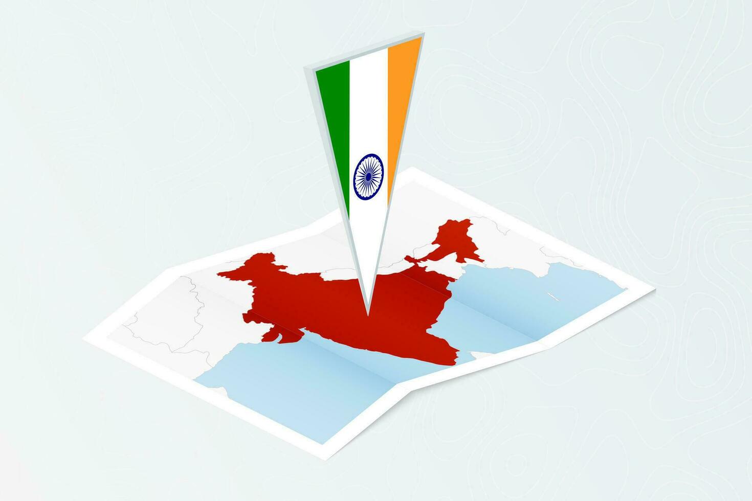 isometrisk papper Karta av Indien med triangel- flagga av Indien i isometrisk stil. Karta på topografisk bakgrund. vektor