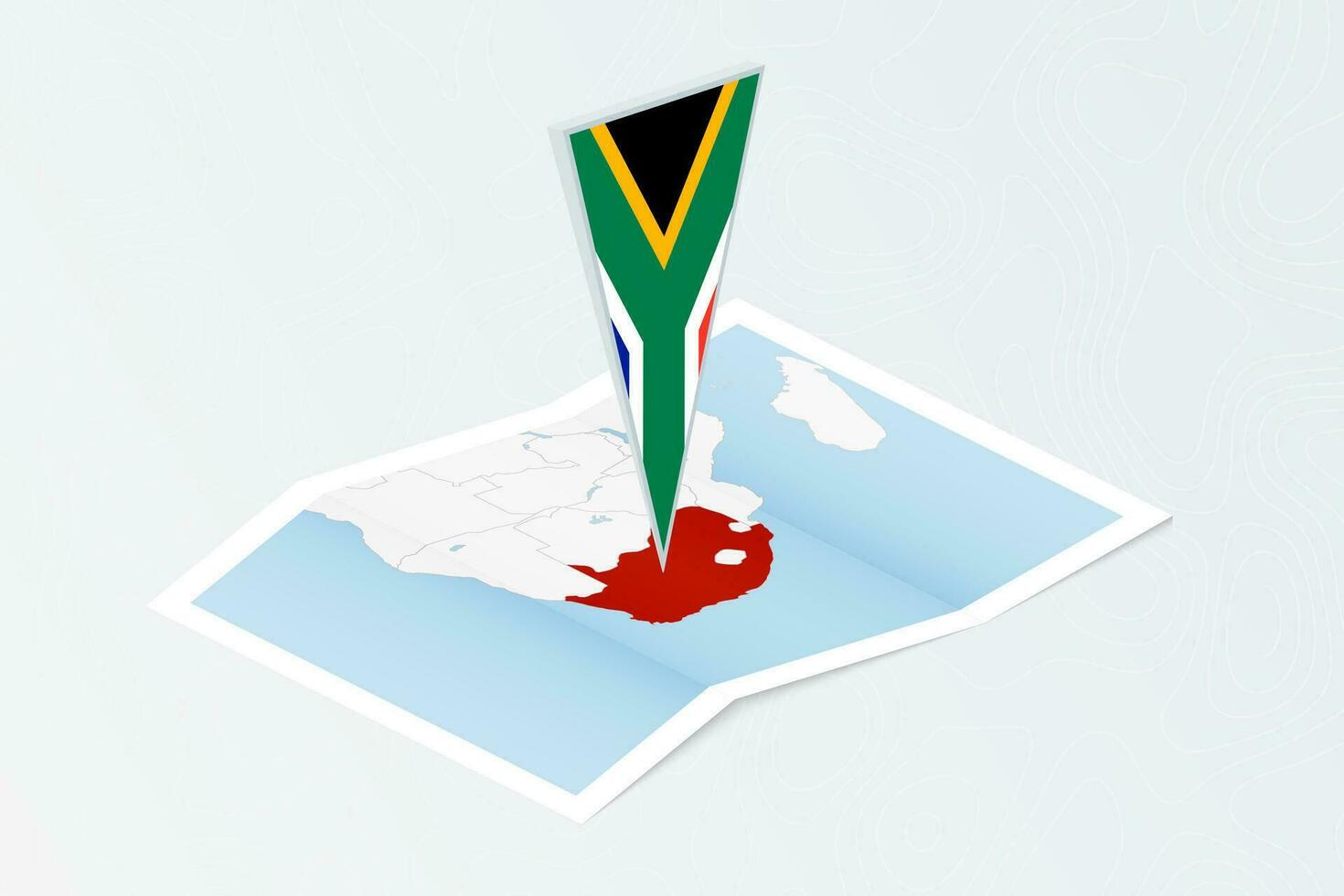 isometrisch Papier Karte von Süd Afrika mit dreieckig Flagge von Süd Afrika im isometrisch Stil. Karte auf topografisch Hintergrund. vektor