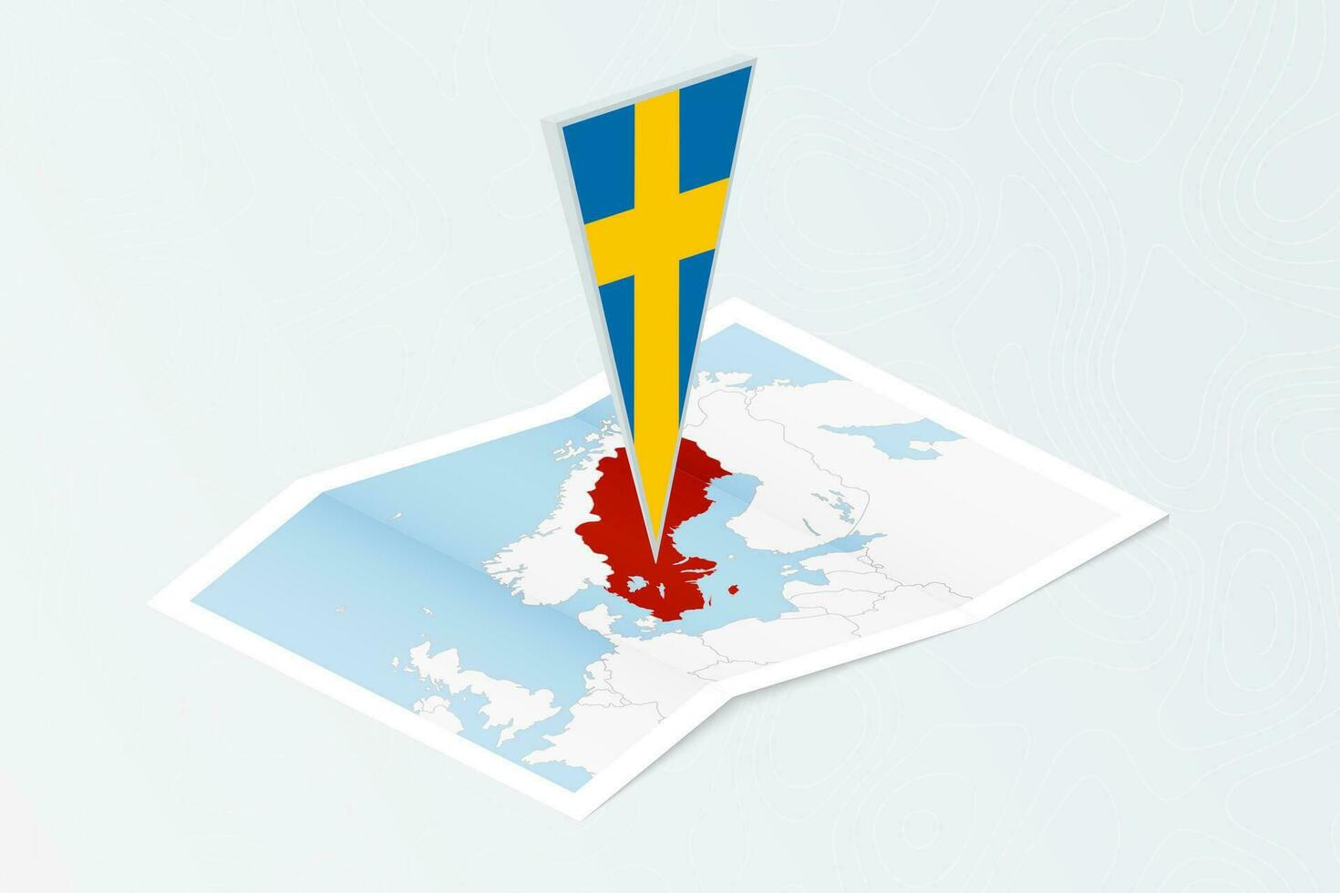 isometrisch Papier Karte von Schweden mit dreieckig Flagge von Schweden im isometrisch Stil. Karte auf topografisch Hintergrund. vektor