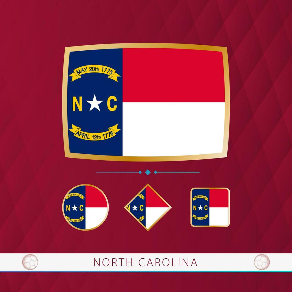 uppsättning av norr Carolina flaggor med guld ram för använda sig av på sportslig evenemang på en vinröd abstrakt bakgrund. vektor