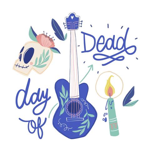 Nette mexikanische Gitarre, Sugar Skull, Kerze und Schriftzug vektor