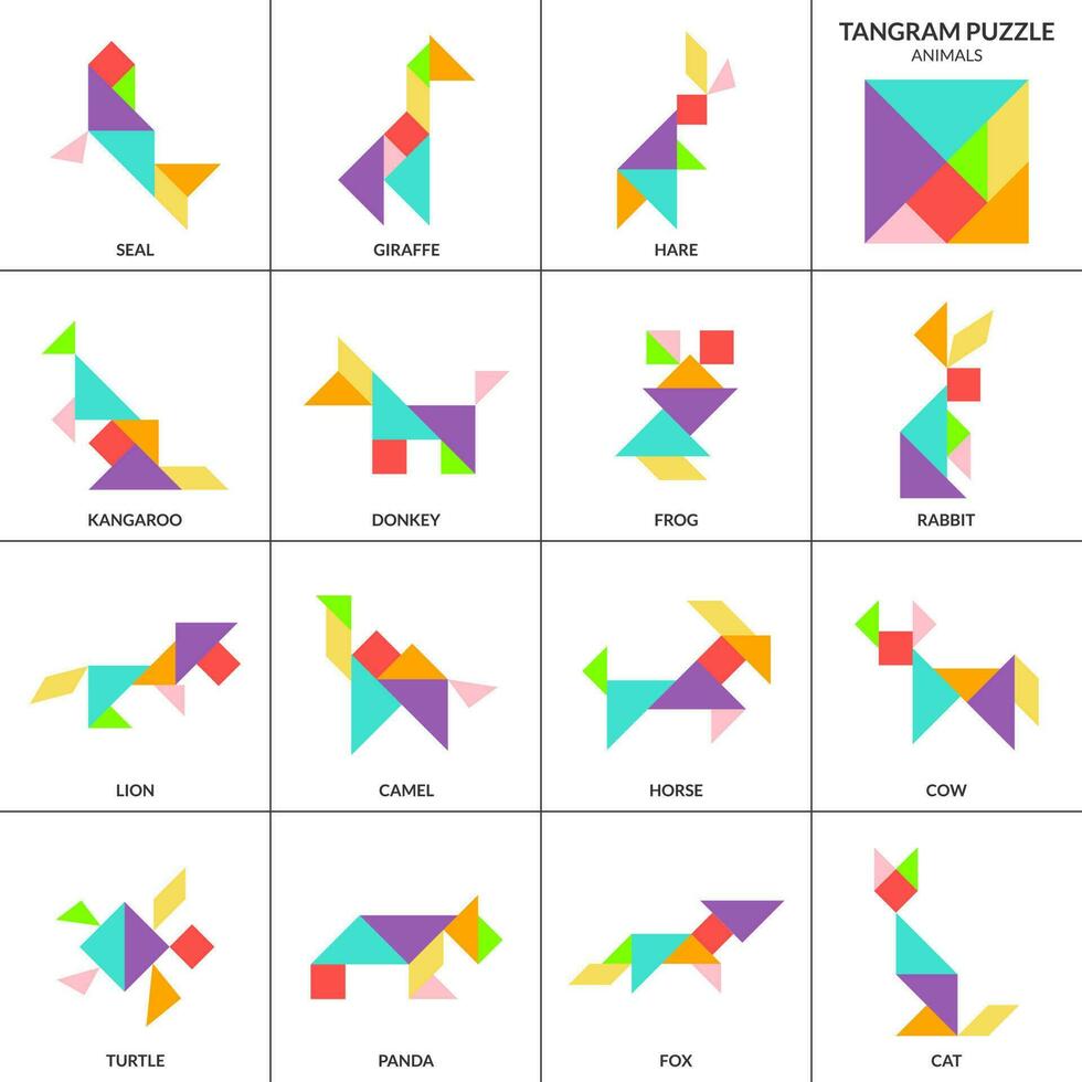 Tangram Puzzle Spiel zum Kinder. Vektor bunt Sammlung mit verschiedene isoliert Bauernhof und wild Tiere. isoliert Tangram Tiere Symbole auf Weiß Hintergrund. Vektor Illustration