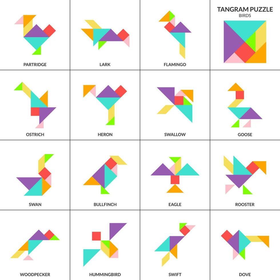 Tangram Puzzle Spiel zum Kinder. Vektor bunt Sammlung mit verschiedene isoliert Vögel. isoliert Tangram Vögel Symbole auf Weiß Hintergrund. Vektor Illustration