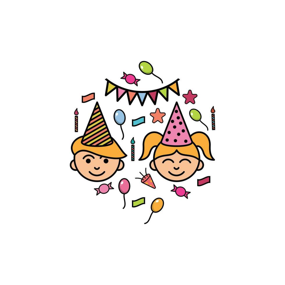 Geburtstag Party Elemente mit Kinder Logo, Geburtstag Feier Gekritzel Vektor Illustration Vorlage Design