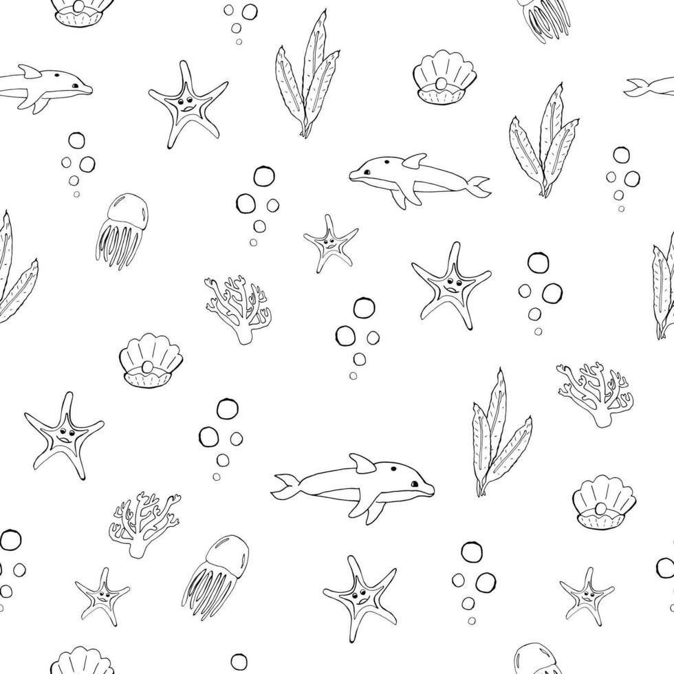sömlös hand dragen klotter mönster. marin tema. söt fiskar. vektor illustration.