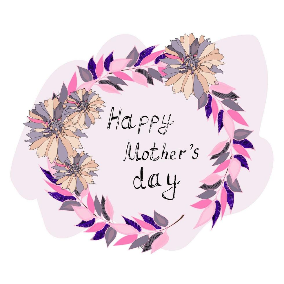 Herzliche Glückwünsche auf Mutter Tag im ein Blumen- Kranz auf ein Rosa Hintergrund. Beschriftung im ein runden Rahmen von Blütenblätter. vektor