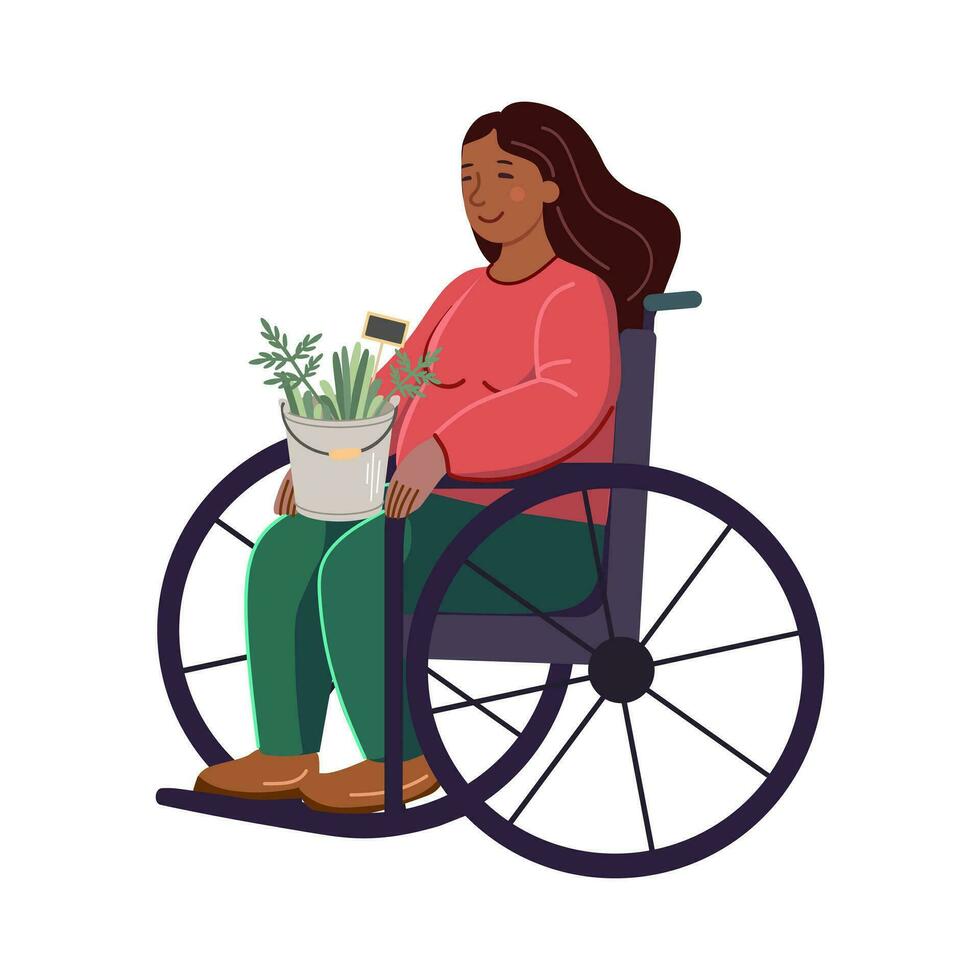 jung afrikanisch amerikanisch Frau im ein Rollstuhl mit ein Eimer von Pflanzen auf ihr Schoß. Gartenarbeit eben Vektor Illustration. Gleichwertigkeit, Toleranz, Aufnahme.