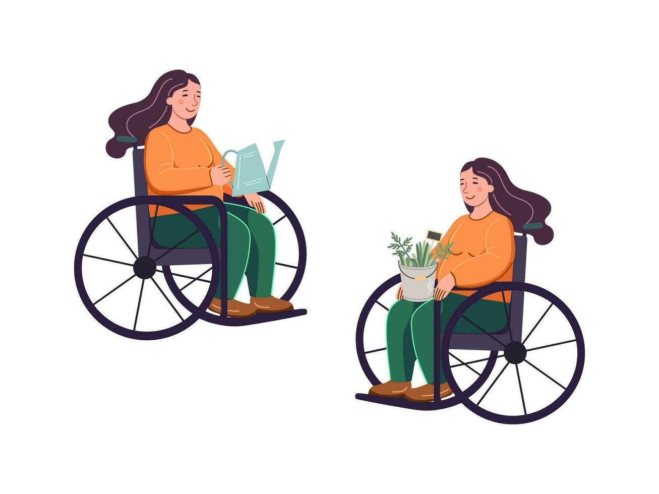 en kvinna i en rullstol med en vattning kan i henne händer och kvinna med en hink av växter på henne knä. trädgårdsarbete platt vektor illustration. jämlikhet, tolerans, inkludering.