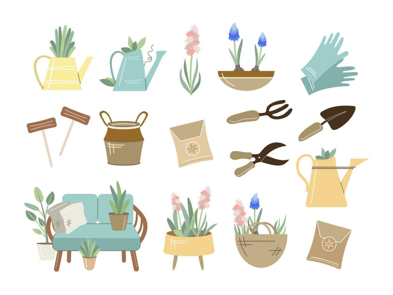 Illustration von Garten Elemente. Schaufel, Heugabel, Garten Schere, Pflanzen, Bewässerung Büchsen, Gras, Gartenarbeit Handschuhe, Rattan Sofa, Hyazinthe, Lavendel, hölzern Garten Zeichen, Taschen von Samen, Segeltuch Tasche vektor