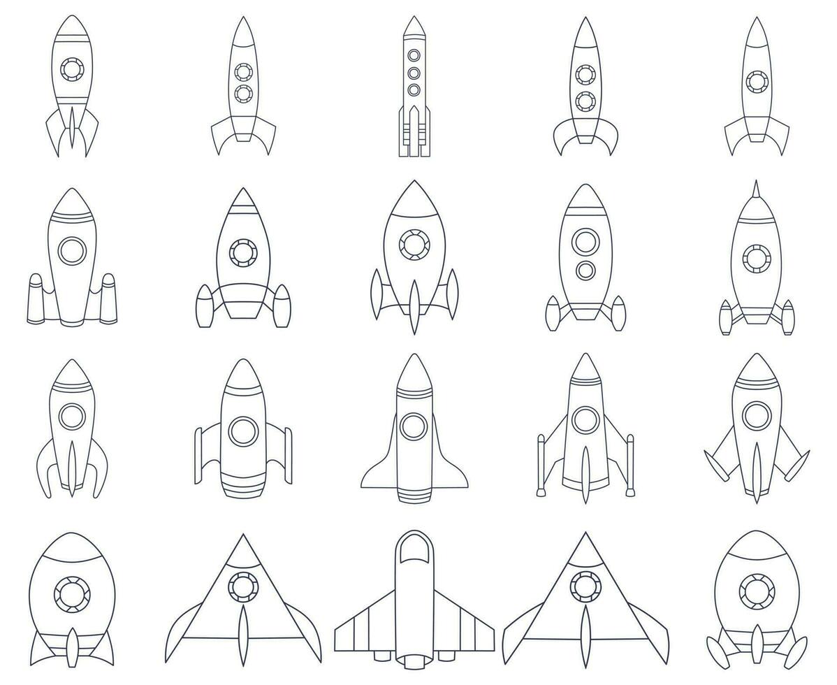 illustration av olika rymdskepp och raket, linje konst stil och silhuetter vektor
