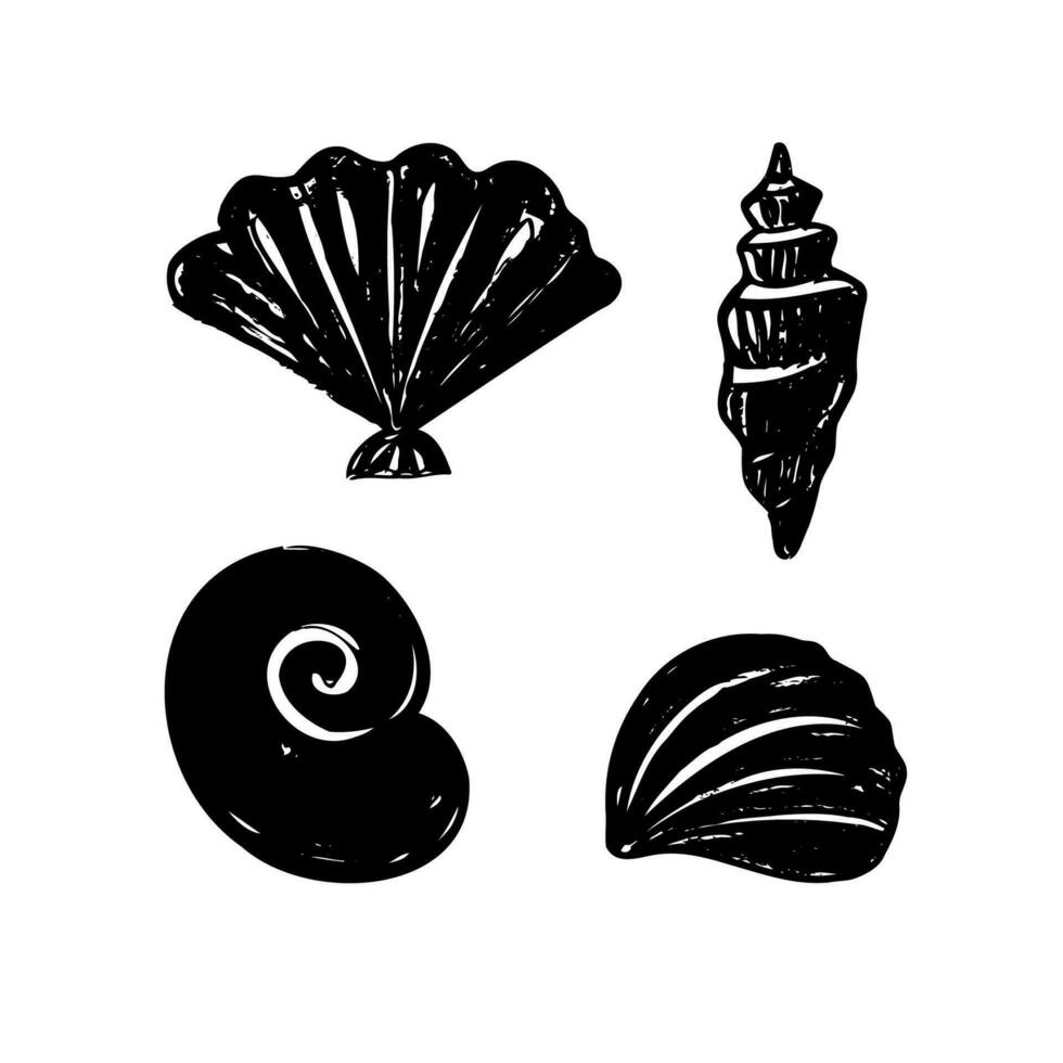 Muscheln Meer zahlen Hand gezeichnet Vektor Gekritzel. einstellen mit Silhouette Schaltier gezeichnet im Tinte Illustration auf isoliert Weiß Hintergrund. Design Element Grunge Stil