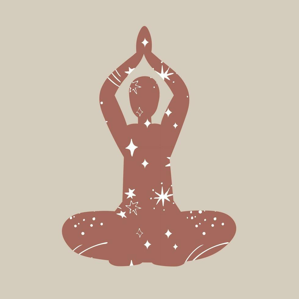 Yoga Silhouette von ein meditieren Mann im das Sterne dekorativ eben Vektor Illustration. das Verbindung von Mensch mit das Kosmos, Ritual Praktiken Methoden Ausübungen, Vorlage zum International Tag von Yoga, Poster, Karte