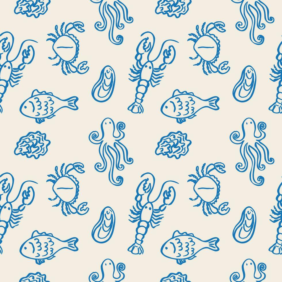 Meeresfrüchte nahtlos Muster Hand gezeichnet Vektor Illustration. wiederholen Hintergrund mit Fisch, Austern, Miesmuscheln, Krabbe, Hummer, Marine Motiv. dekorativ Blau Ornament