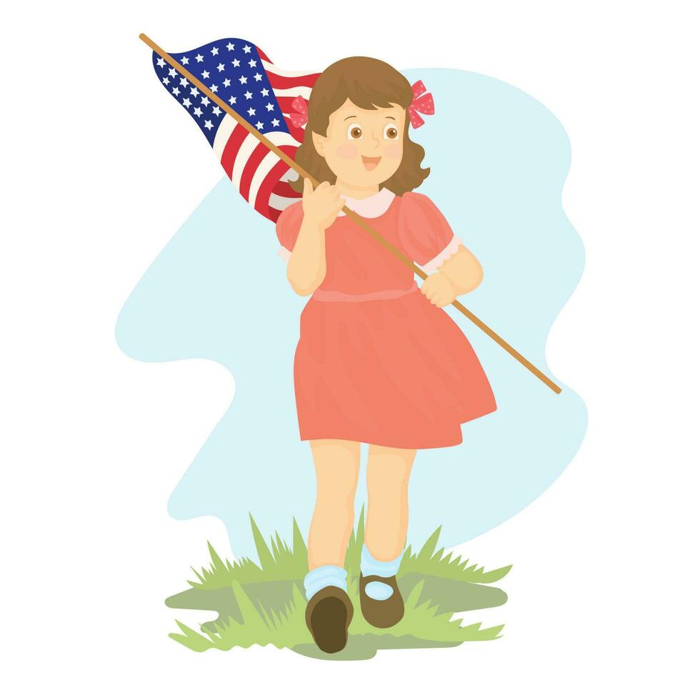 oberoende dag, söt liten flicka vinka USA flagga. oberoende dag usa. vektor