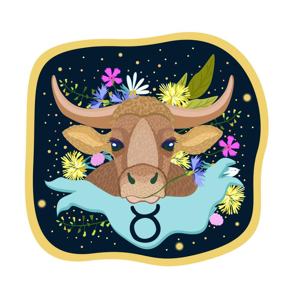 oxen. zodiaken tecken. vektor isolerat sammansättning på mörk blå bakgrund. horoskop begrepp. Bagge med ringlad horn i blommor