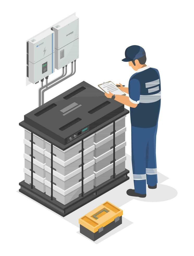 tekniker installatören arbetssätt med sol- cell systemet saltvatten batteri uppsättning utanför nätet inverterare element isometrisk isolerat tecknad serie vektor